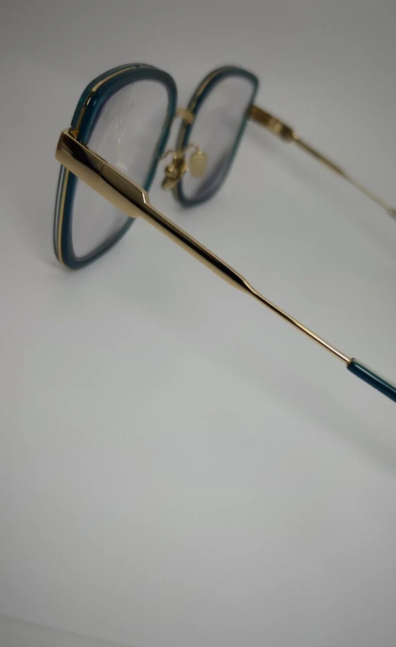 Margot. Stylish Teal Square Women's Eyewear with Gold Accents. Full Metal Frame.